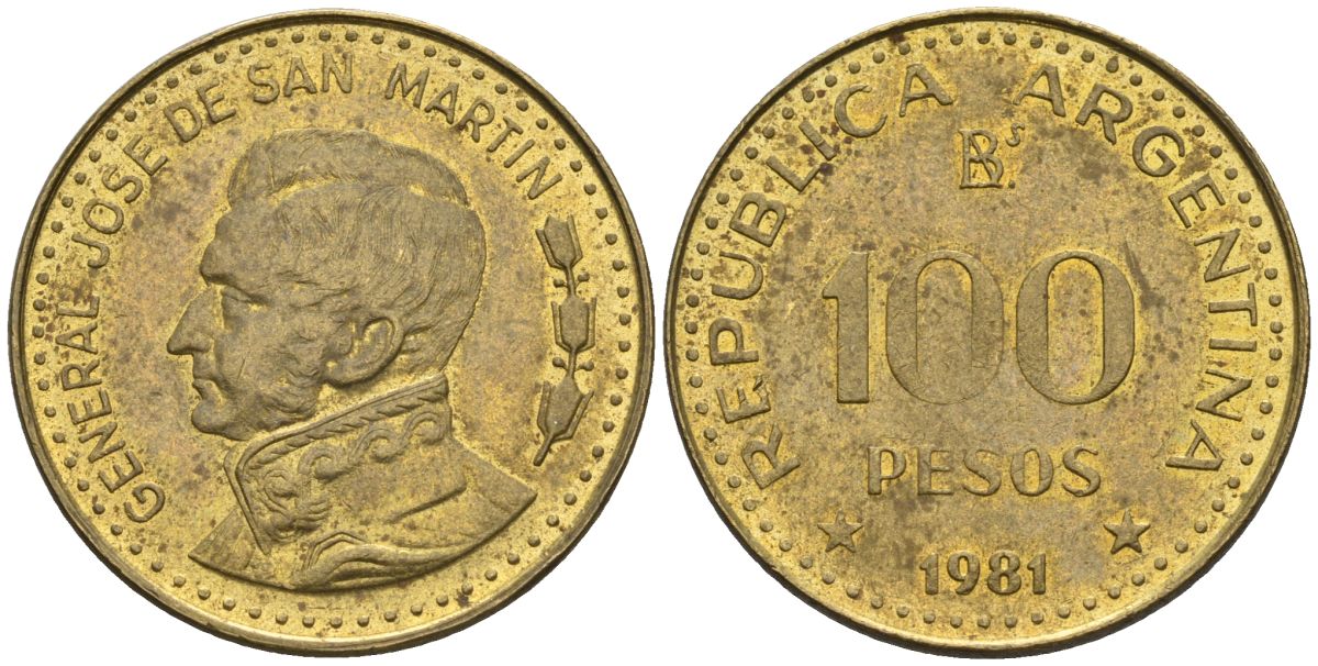Аргентина 100 песо 1981 Ba, генерал Хосе де Сан Мартин KM 85a, Schon 86a сталь плакированная латунью    60-556