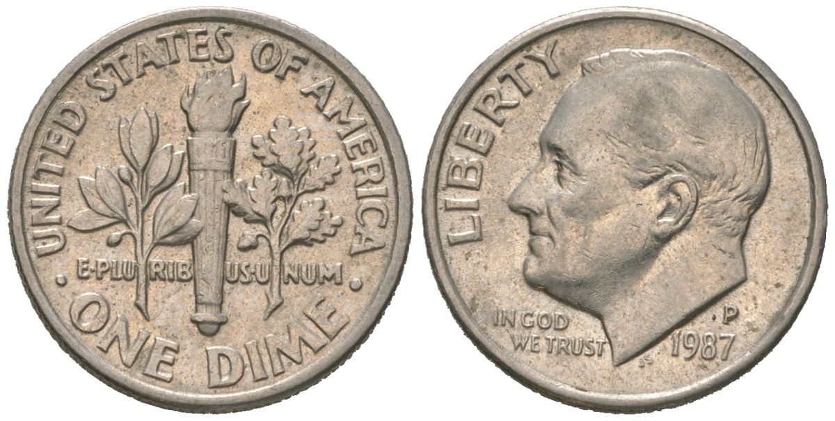США 1 дайм = 10 центов 1987 P KM 195a медь плакированная медно-никелем 4580-813