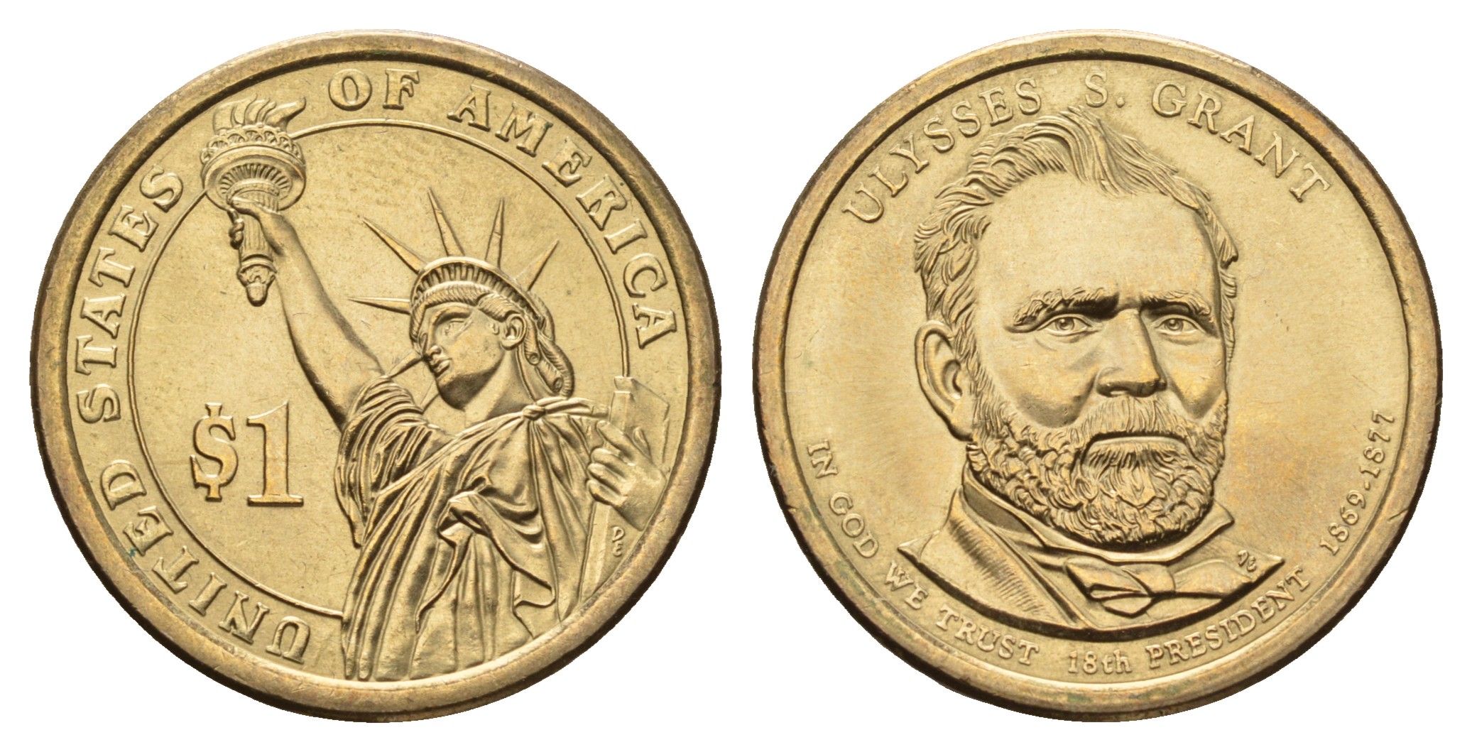 США 1 доллар 2011 D, Президент США - Улисс Грант (1869-1877) KM 500 медь с марганцево-латунным покрытием UNC 98-422