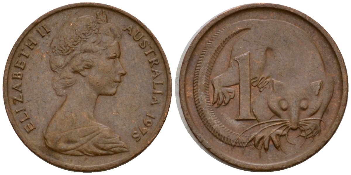 Австралия 1 цент 1975 Елизавета II (1953-), молодой портрет, опоссум KM 62 бронза 4602-222