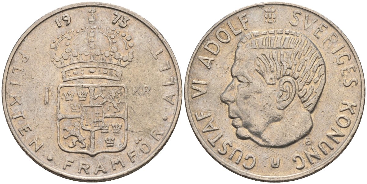 Швеция 1 крона 1973 U, Густав VI Адольф (1950-1973) KM 826a медь плакированный медно-никелем 4150-346