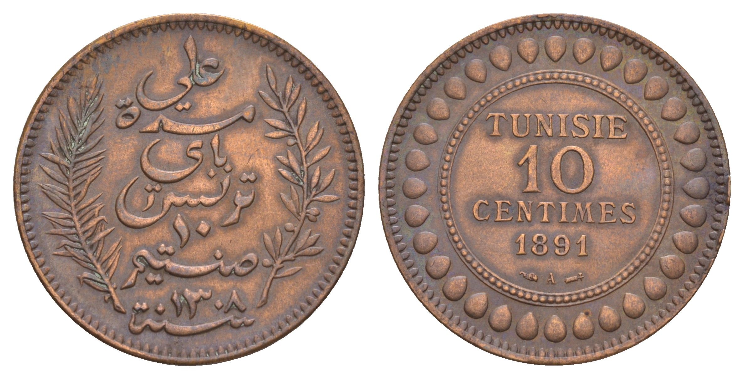 Тунис 10 сантимов 1891 A KM 222 бронза 4653-822