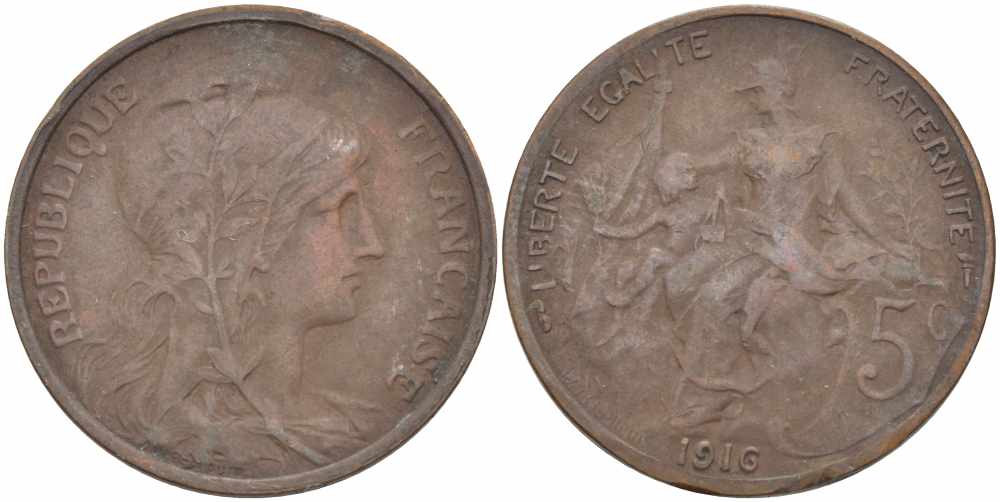 ФРАНЦИЯ 5 САНТИМОВ 1916 ТИП ДАНИЭЛЬ ДЮПЮИ KM 842, LE FRANC 119.28 бронза 108-952