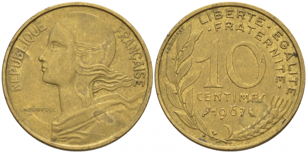 ФРАНЦИЯ 10 САНТИМОВ 1967 ТИП MARIANNE KM 929 медь алюминий никель 3309-1049