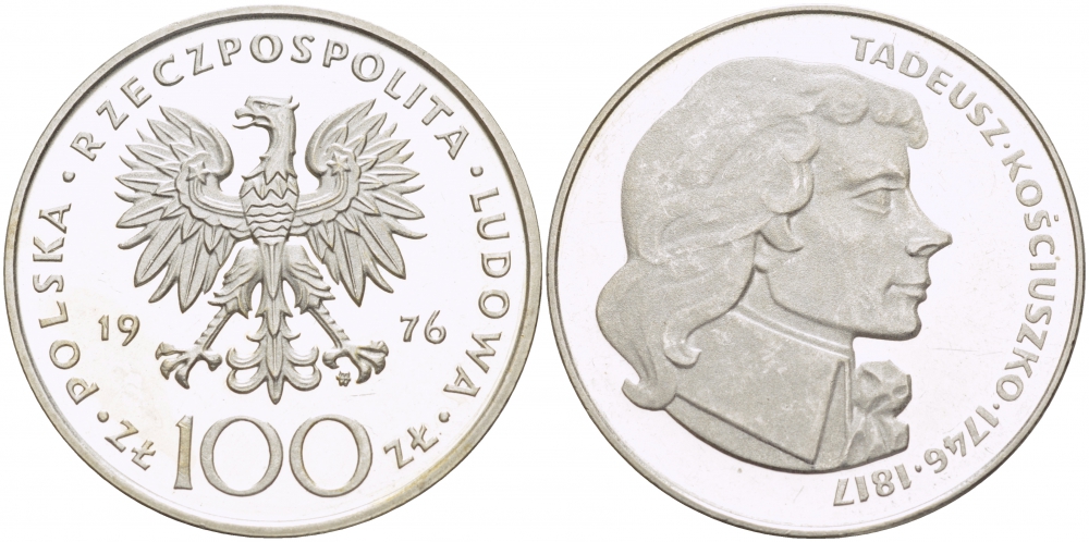 Польша 100 злотых 1976 MW, Тадеуш Костюшко (1746-1817) KM 82, Parchimowicz 274 серебро PROOF 1082-1-24