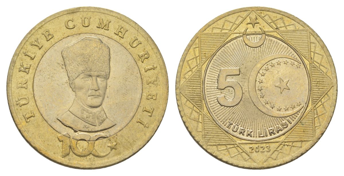 Турция 5 лир 2023 100 лет Турецкой Республики KM NEW биметалл UNC 221-1034