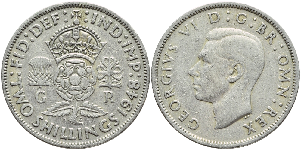 Великобритания 2 шиллинга (флорин) 1948 Георг VI (1936-1952) KM 865, Spink 4102 медно-никель 4394-1035