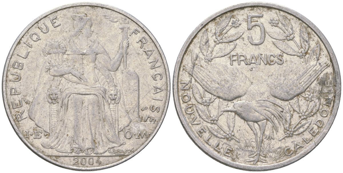 Французская Новая Каледония 5 франков 2004 птица кагу, (IEOM) KM 16, Schoen 12, Lec 81i алюминий 189-1215