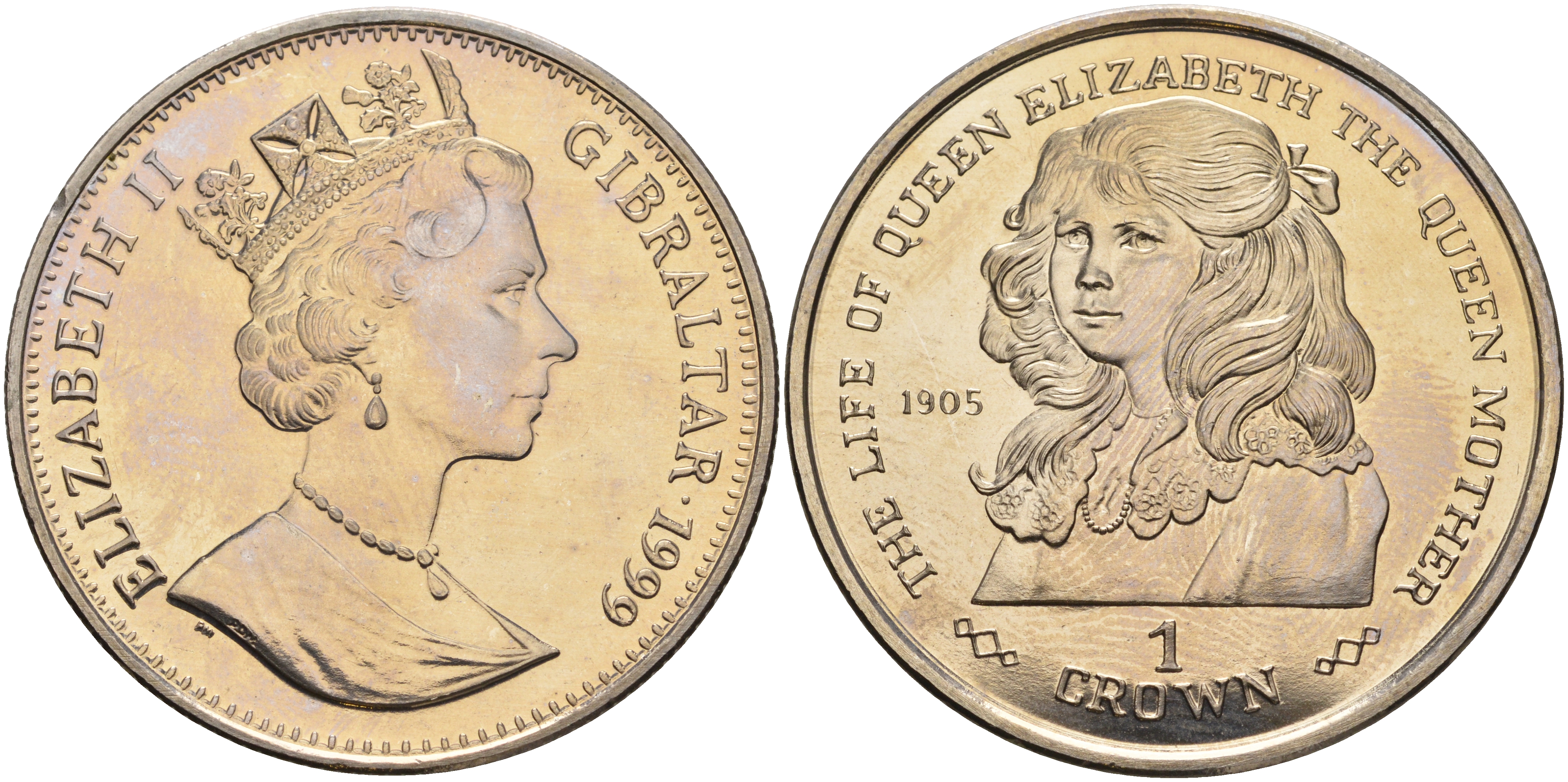 Гибралтар 1 крона 1999 жизнь королевы Елизаветы (королевы матери), 1905 год KM 835 медно-никель UNC 00-00