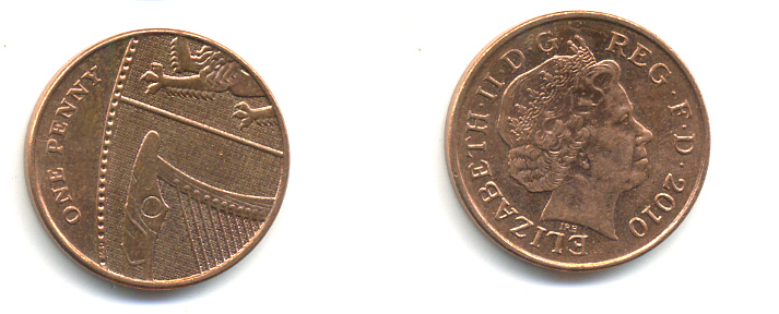 Великобритания 1 пенни 2010 Елизавета II (1952-2022) KM 1107, Spink B6 сталь плакированная медью 177-1228