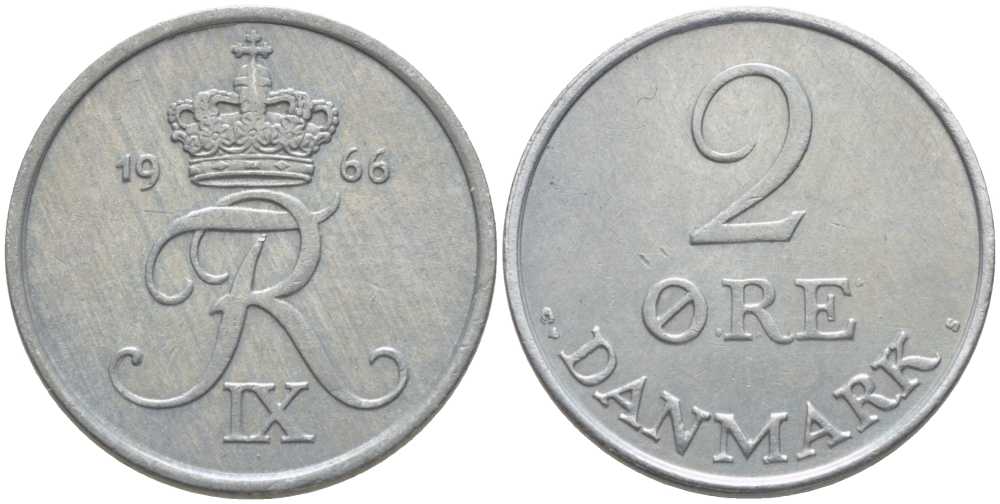 ДАНИЯ 2 ЭРЕ 1966 C;S, ФРЕДЕРИК IX (1947-1972) KM 840,2 цинк 202-712