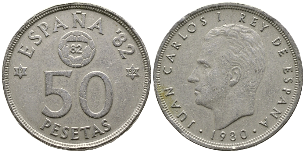 Испания 50 песет 1980 (82) Хуан Карлос, чемпионат мира по футболу Испания 82 KM 819 медно-никель 4680-135