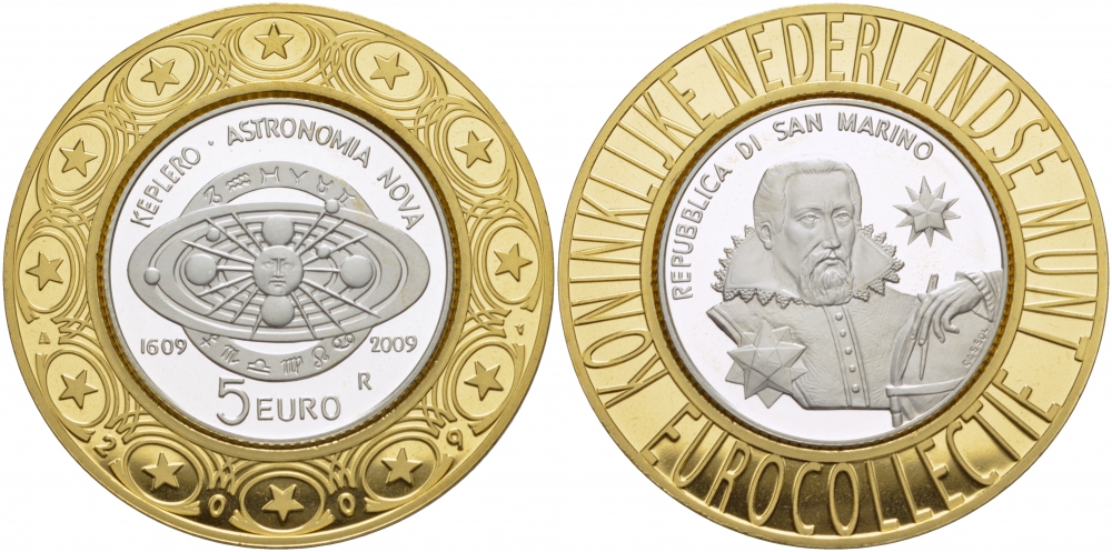 Сан-Марино 5 евро 2009 400 лет законам Кеплера, астрономия, евроколлекция Нидерландского монетного двора KM 506 серебро PROOF 00-00