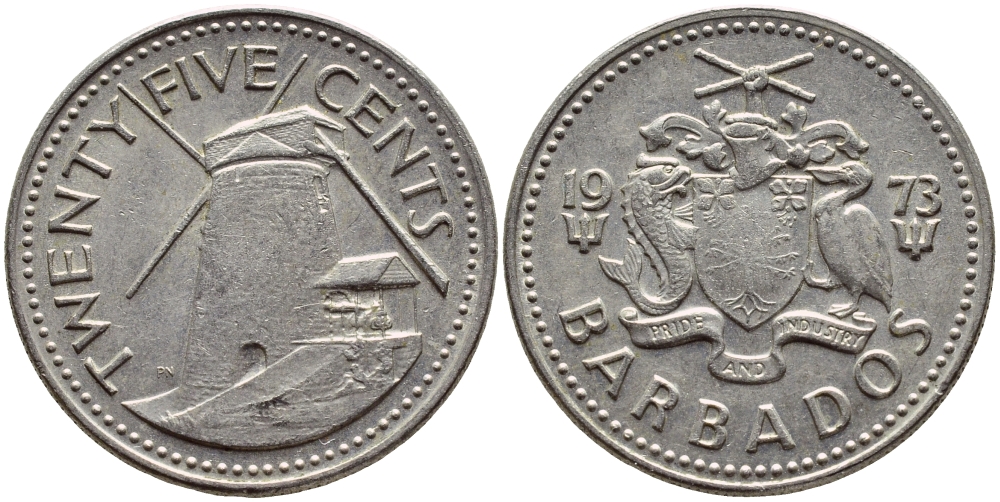 Барбадос 25 центов 1973 ветряная мельница Моргана Льюиса KM 13 медно-никель 4398-333