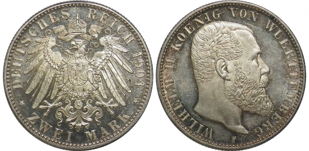 Вюртемберг 2 марки 1904 F, Вильгельм II (1891-1918) KM 631, J.174 серебро PROOF 00-805-03