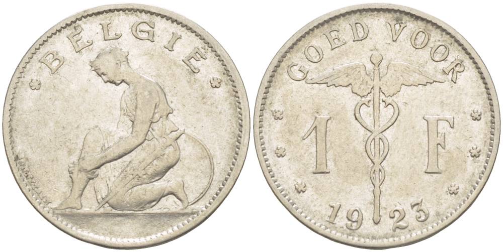 Бельгия 1 франк 1923 Belgie, Альберт I (1909-1934) KM 90 никель 4546-221