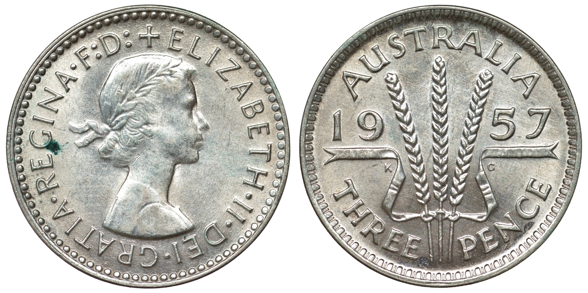 Австралия 3 пенса 1957 m, Елизавета II (1952-2022) KM 57 серебро 71-519