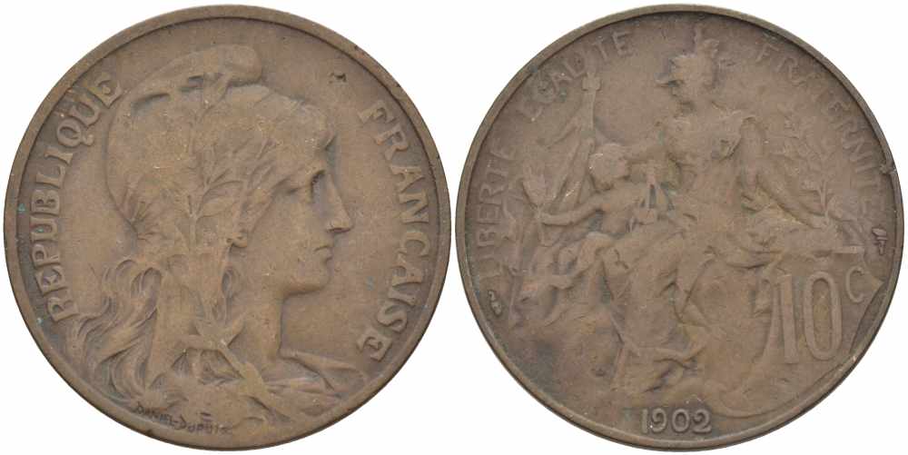 ФРАНЦИЯ 10 САНТИМОВ 1902 ТИП ДАНИЭЛЬ ДЮПЮИ KM 843, LA FRANC 136.12 бронза 109-144