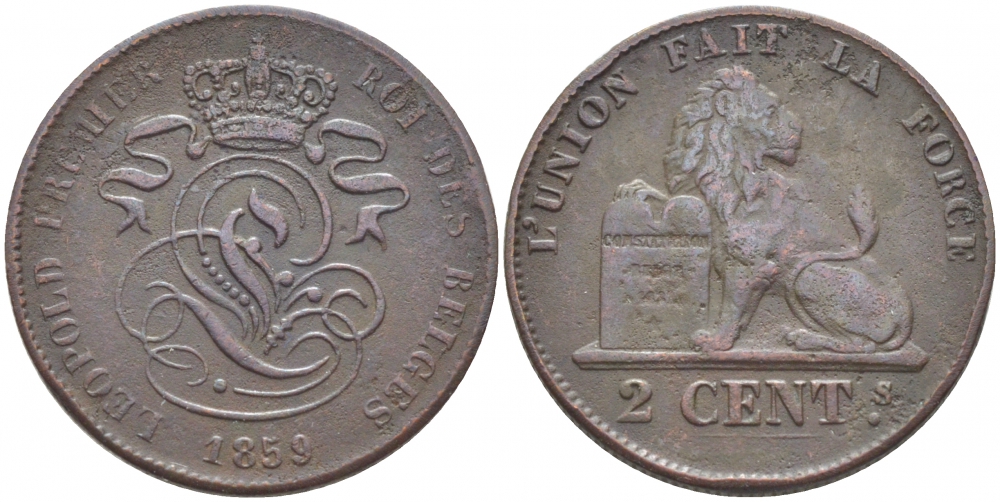 БЕЛЬГИЯ 2 САНТИМА 1859 BELGES KM 4.2 медь 110-536