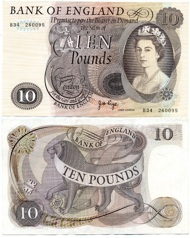 Великобритания 10 фунтов 1970-1975 Елизавета II (1952-2022), J.B. Page Pick 376с  бумага  aUNC 000-00-00