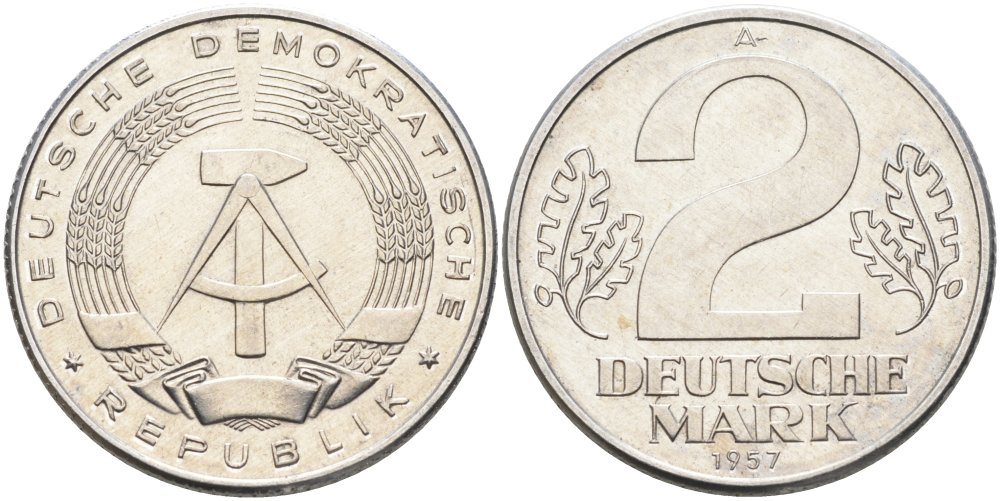 ГДР 2 марки 1957 А KM 14 алюминий UNC 4574-524