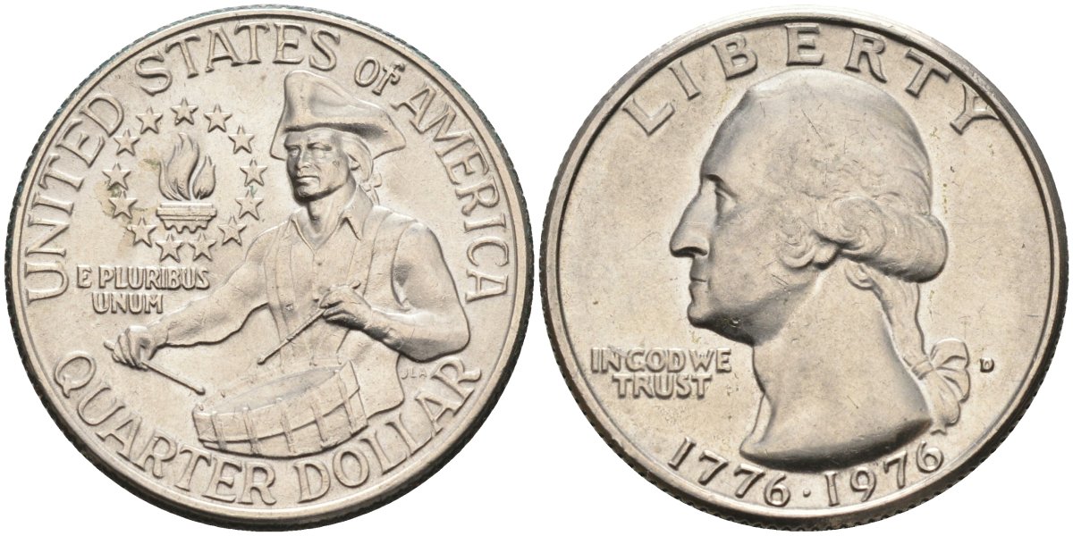 США 25 центов = квотер 1976 D, 200 лет независимости (1776-1976), Вашингтон, барабанщик KM 204 медь плакированная медно-никель 4586-622