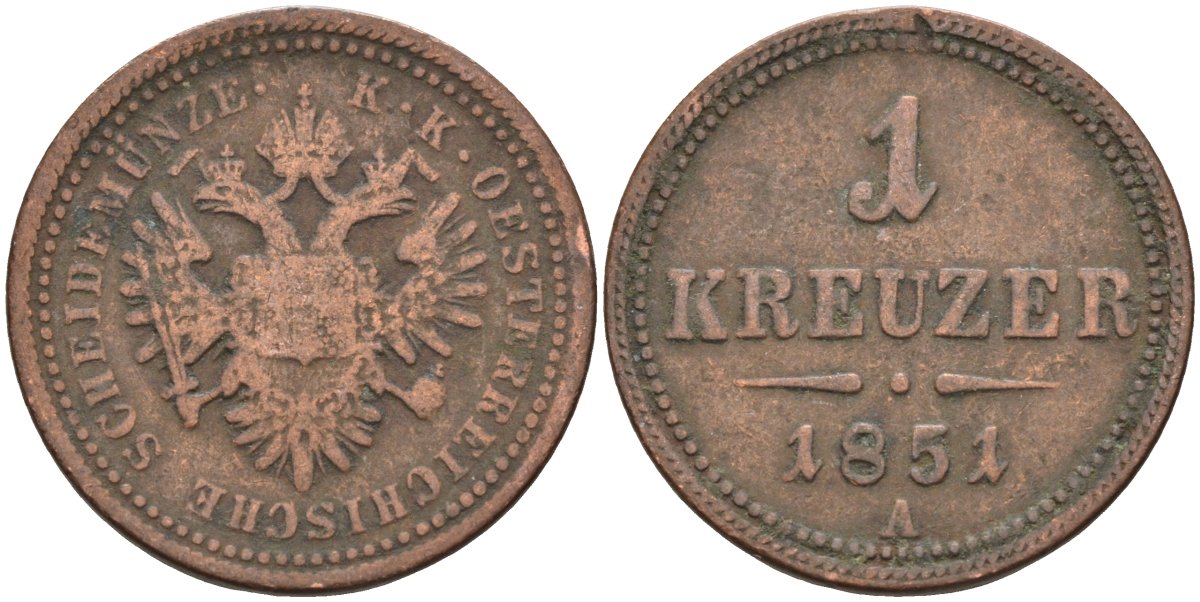 Австрия 1 крейцер 1851 A, Франц Иосиф I (1848-1916) KM 2185 медь 4586-444