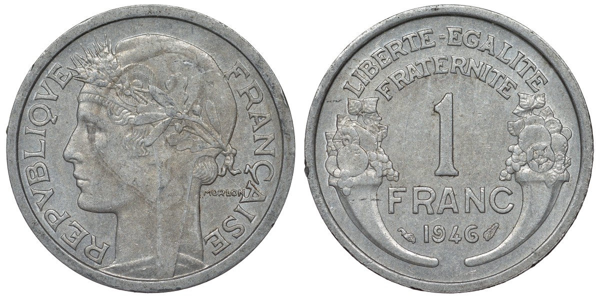 Франция 1 франк 1946 тип Morlon KM 885а.1, Le Franc 221.9 алюминий 4128-317