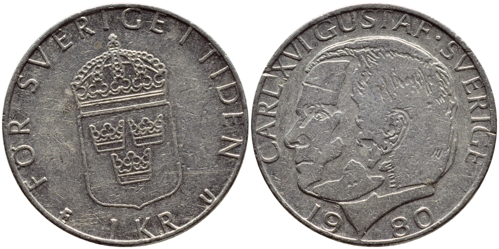 Швеция 1 крона 1980 Карл XVI Густав (1973- ) KM 852 медь плакированная медно-никелем 4397-931