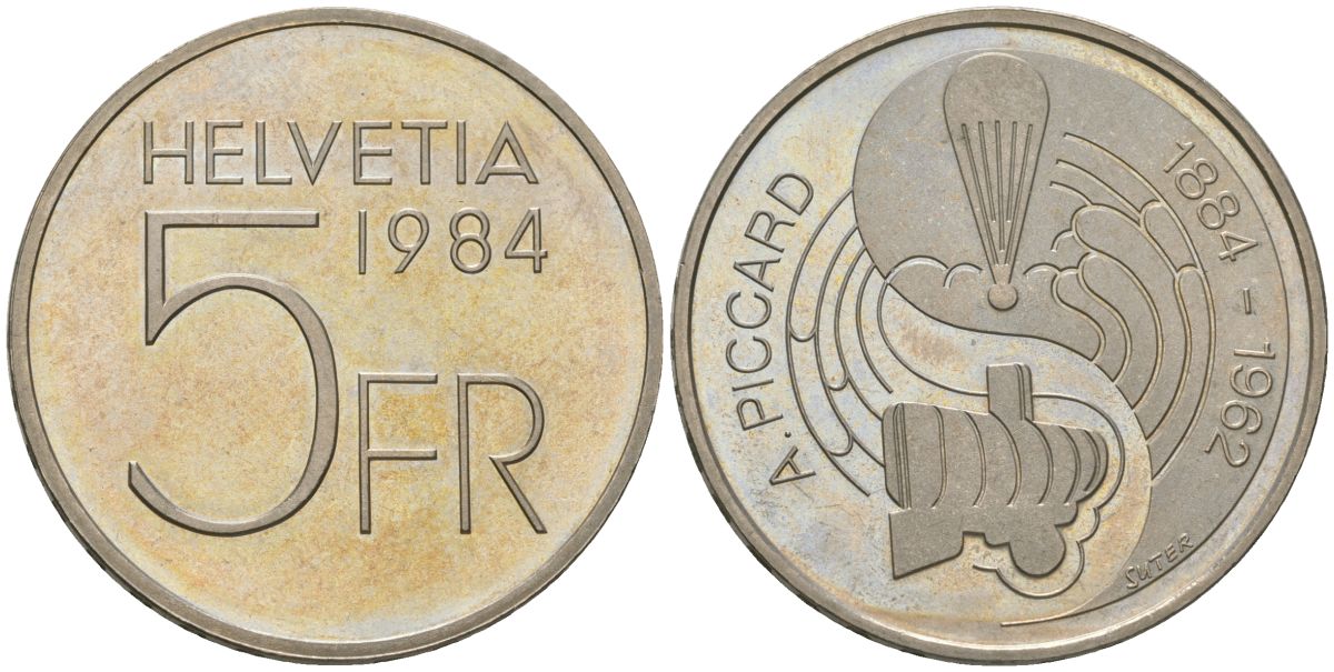 Швейцария 5 франков 1984 100 лет со дня рождения Огюста Пикара KM 63 медно-никель  UNC  4593-935