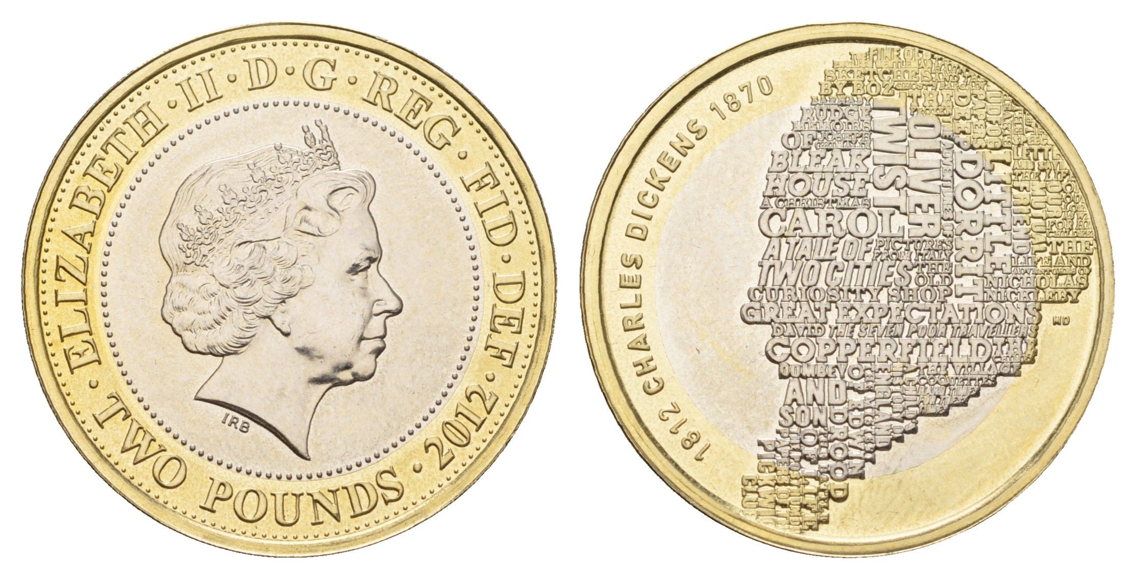 Великобритания 2 фунта 2012 Елизавета II (1952-2022), 200 лет со дня рождения Чарльза Диккенса KM 1224, Spink K29 биметалл BU 76-714