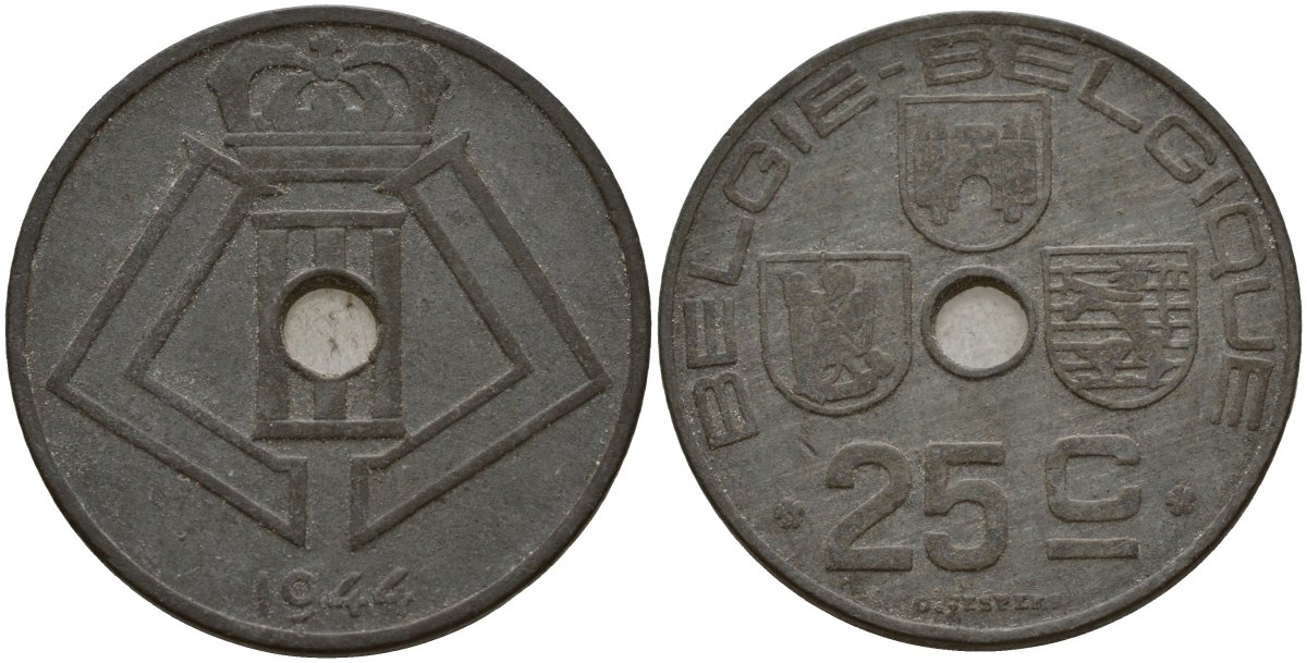 Бельгия 25 сантимов 1944 Belgie - Belgique, Леопольд III (1934-1947), германская оккупация, Вторая мировая война KM 132 цинк 4157-624