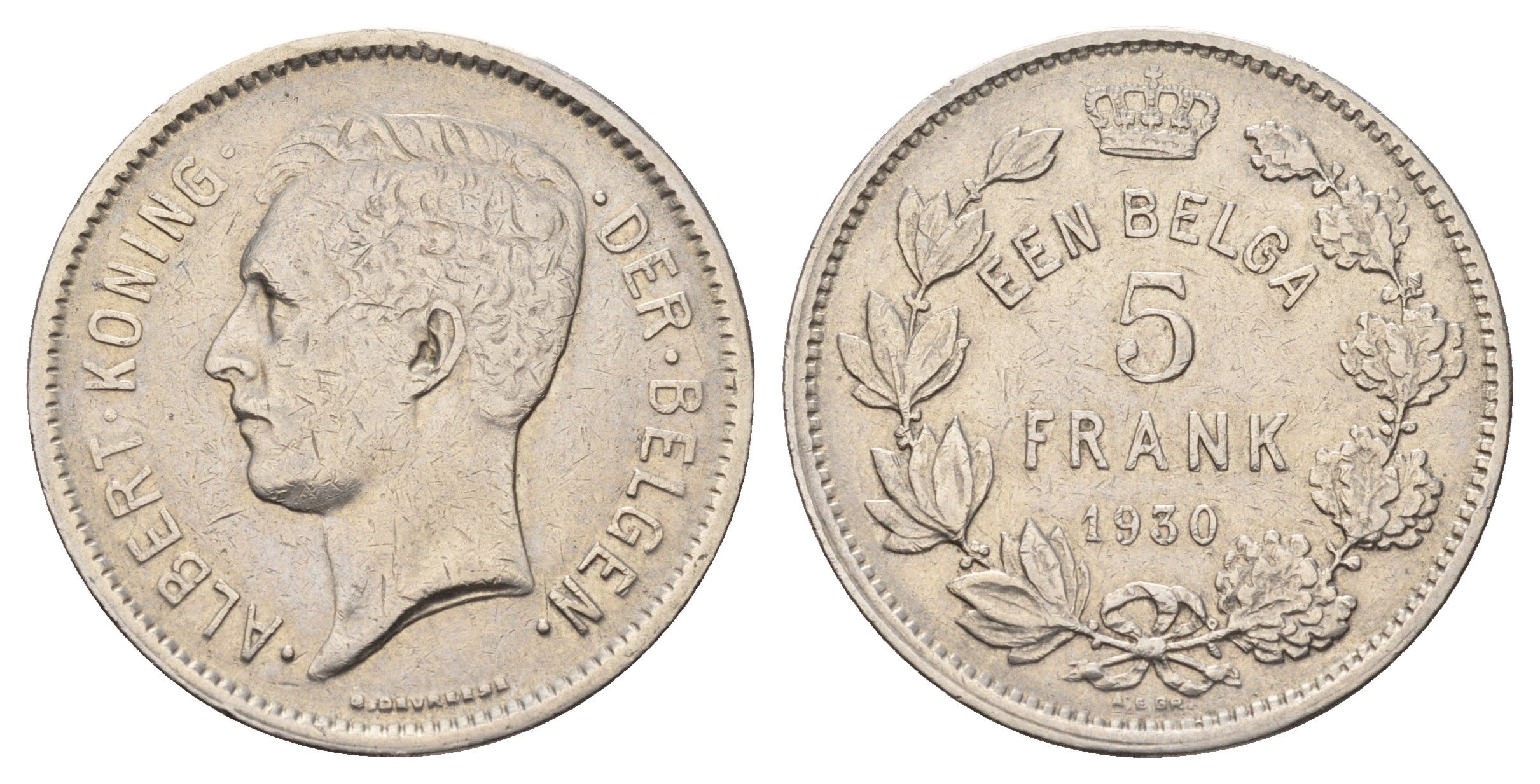 Бельгия 5 франков 1930 Belgen, Альберт I KM 98 никель 4123-112