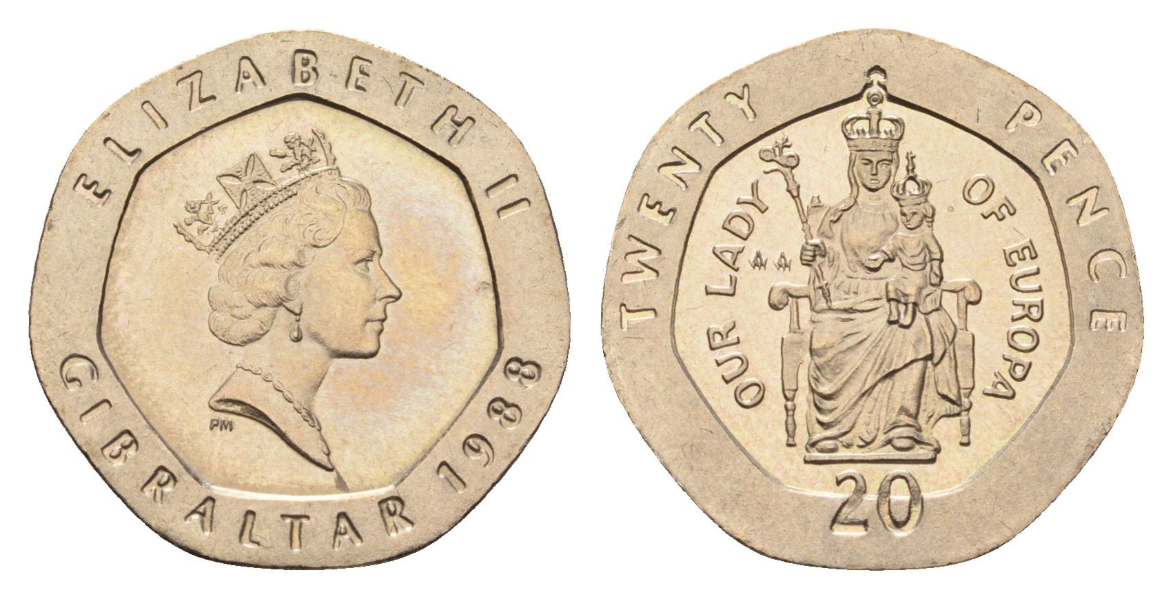 Гибралтар 20 пенсов 1988 KM 16 медно-никель UNC 4668-525