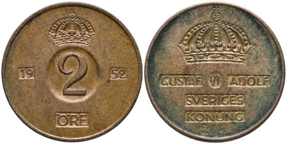 Швеция 2 эре 1952 TS, Густав VI Адольф (1950-1973) KM 821 бронза 202-626