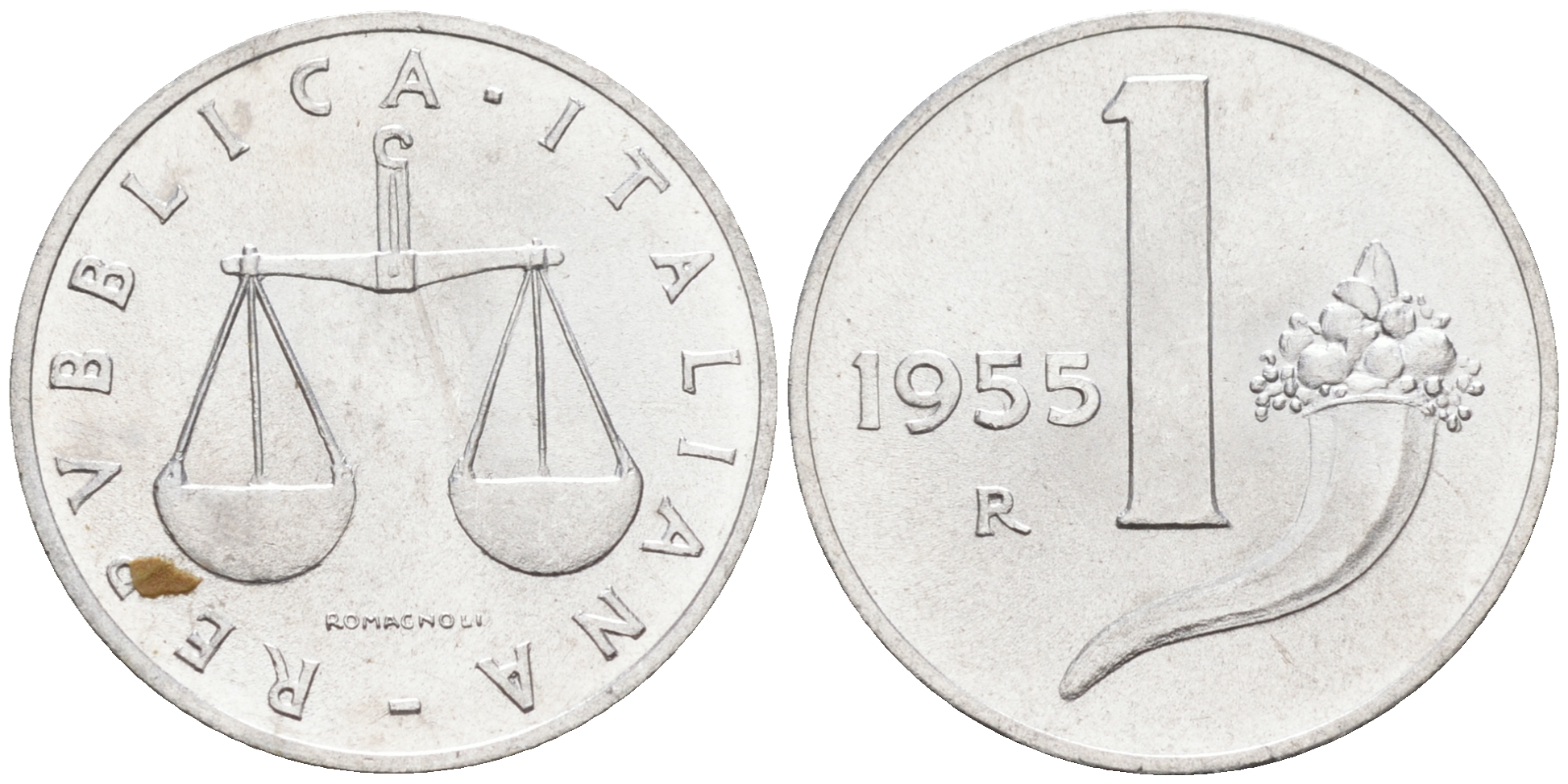 Италия 1 лира 1955 R, весы KM 91 алюминий  UNC  4594-136