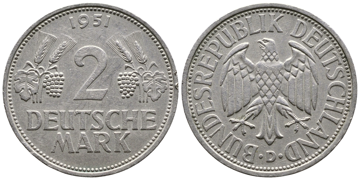 ФРГ 2 марки 1951 D J 386, KM 111 медно-никель плакированный никелем 413-1811