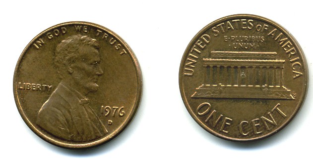 США 1 ЦЕНТ 1976 D, ЛИНКОЛЬН KM 201 медь цинк 54-218