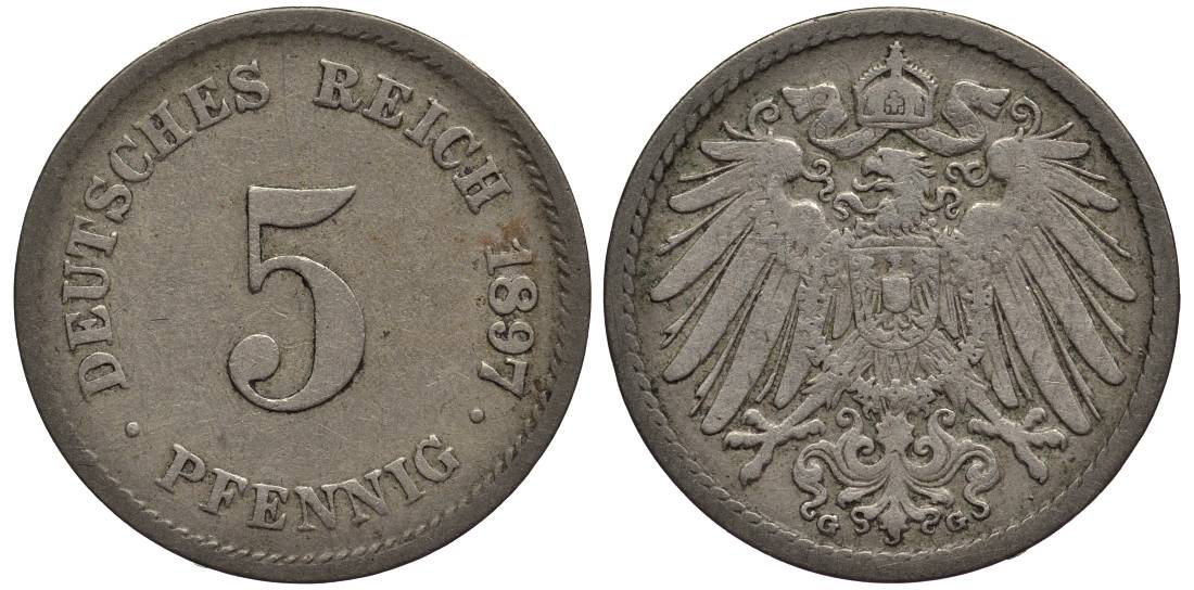 Германия 5 пфеннигов 1897 G KM 11, Jager 12, Weege 6 медно-никель 4547-355