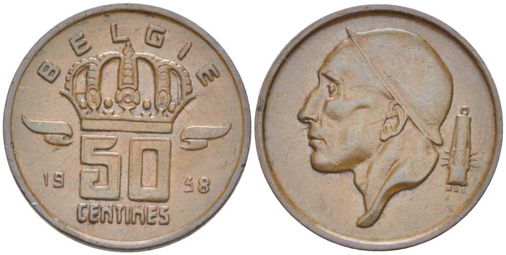 БЕЛЬГИЯ 50 САНТИМОВ 1958 BELGIE, БОДУЭН I (1951-1993) KM 149.1 бронза 214-164