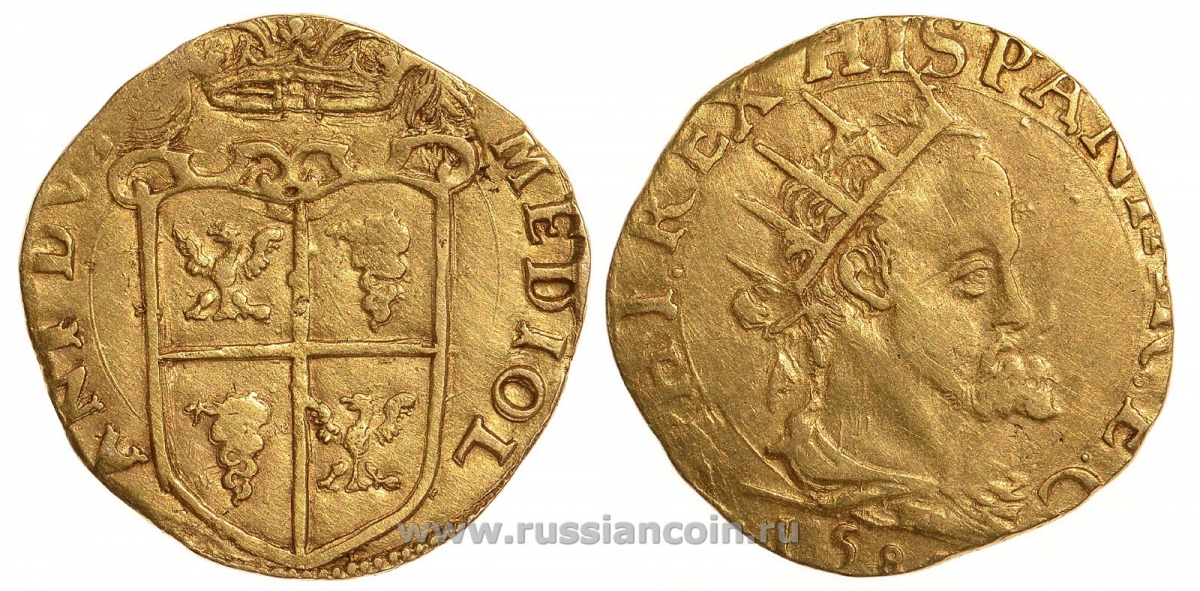 Милан доппиа 1588 Филипп II Испанский Crippa 4/E (R2) Fb. 716 золото 10-010-67