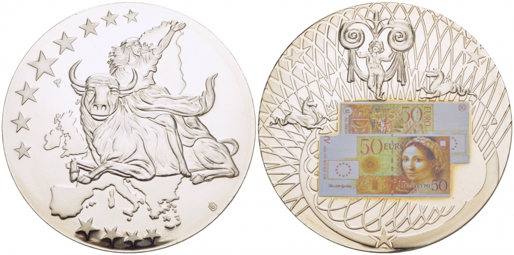 НИДЕРЛАНДЫ МЕДАЛЬ 2002 ПОХИЩЕНИЕ ЕВРОПЫ, КУПЮРА 50 ЕВРО ЕВРОПРОБА, СЕРЕБРЕНИЕ, ЦВЕТНАЯ ЭМАЛЬ, ДИАМЕТР 50 ММ. ВЕС 54 ГР. медно-никель PROOF 01-240-54