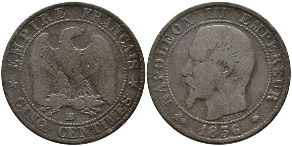 Франция 5 сантимов 1856 BB, Наполеон III (1852-1870) KM 777.3, LA FRANC 116.32 бронза 28-915
