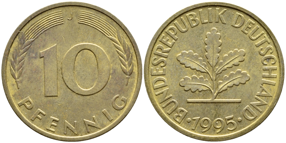 ФРГ 10 ПФЕННИГОВ 1995 J KM 108, J.383 сталь плакированная латунью 4393-741