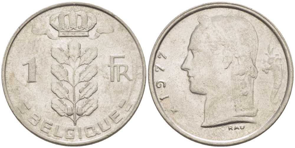 Бельгия 1 франк 1977 Belgique, Бодуэн I (1951-1993) KM 142.1 медно-никель 213-537