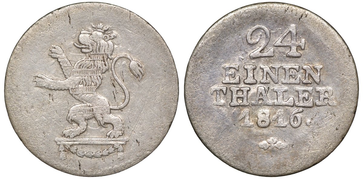 Гессен-Кассель 1/24 талера 1816 Вильгельм I (1785-1821) KM 554.1, Jaeger 10, AKS 10 серебро 413-6744