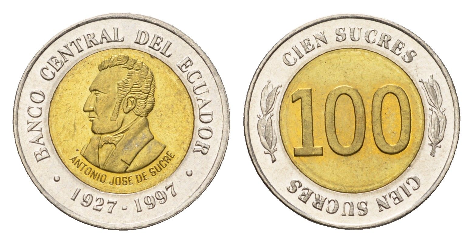 Эквадор 100 сукре 1997 70 лет Центробанку KM 101 биметалл UNC 4697-434