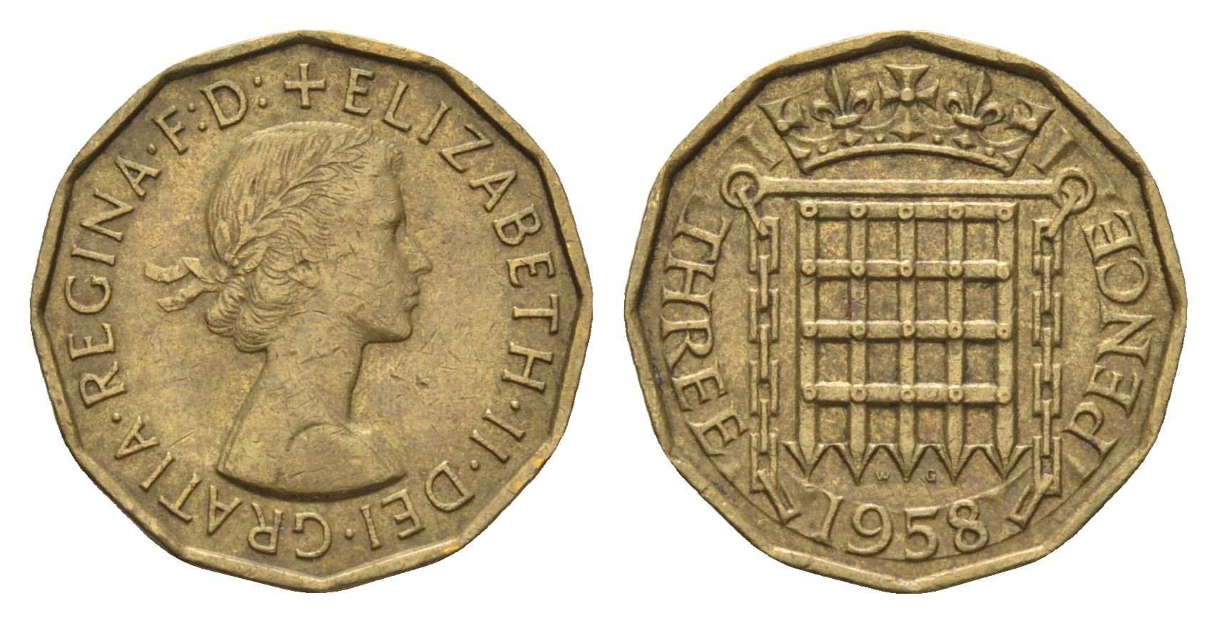 Великобритания 3 пенса 1958 Елизавета II (1952-2022) KM 900, Spink 4153 никель латунь 4699-435