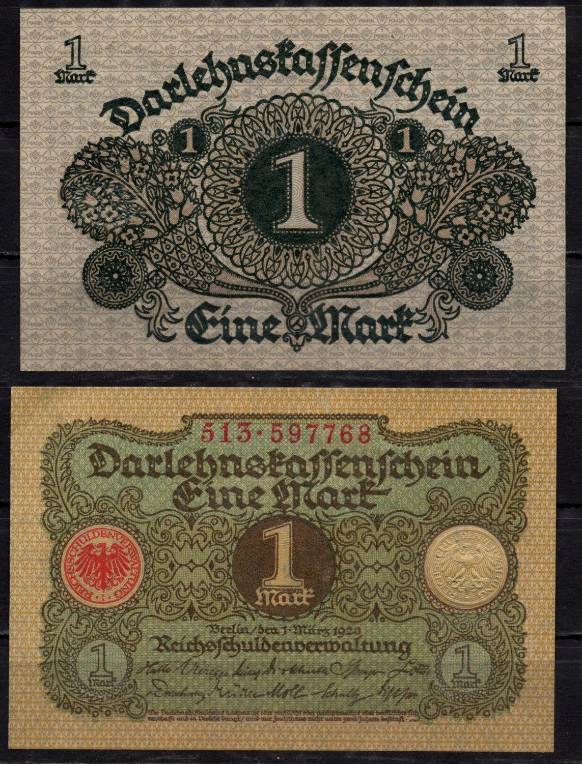 Германия 1 марка 1920 Pick 58 бумага aUNC 7198-18-2-2