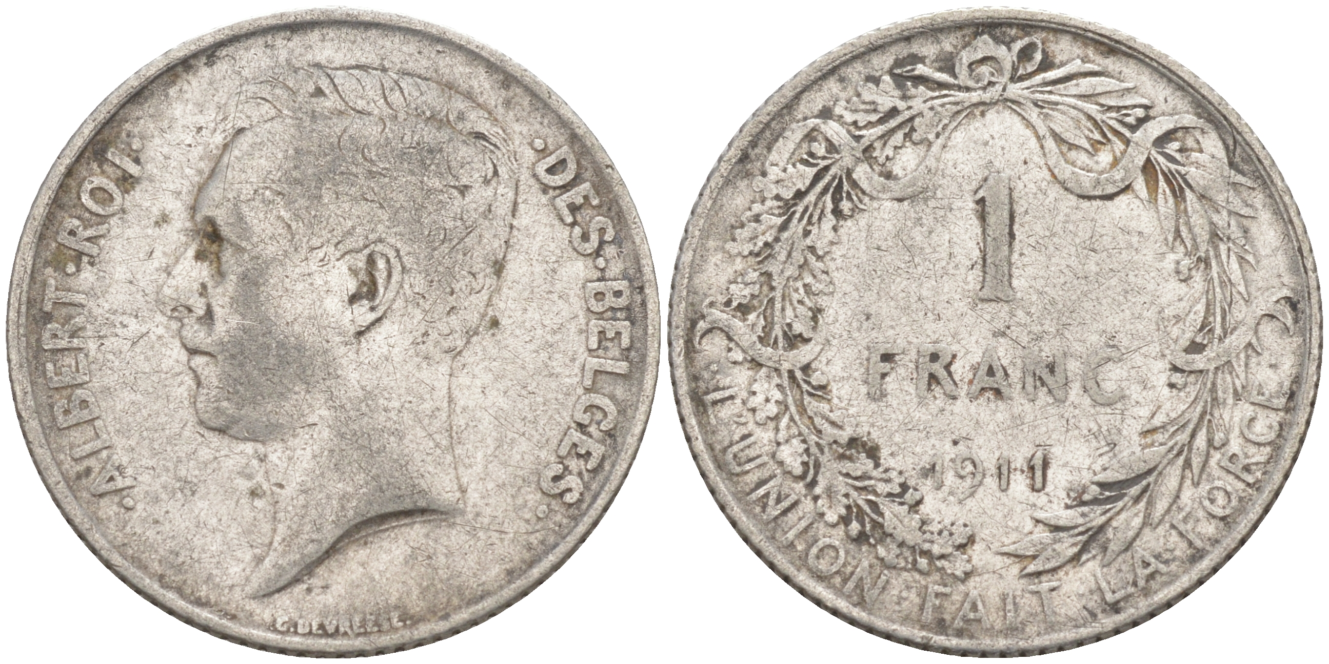 Бельгия 1 франк 1911 Альберт I (1909-1934), Des Belges KM 72 серебро 106-425